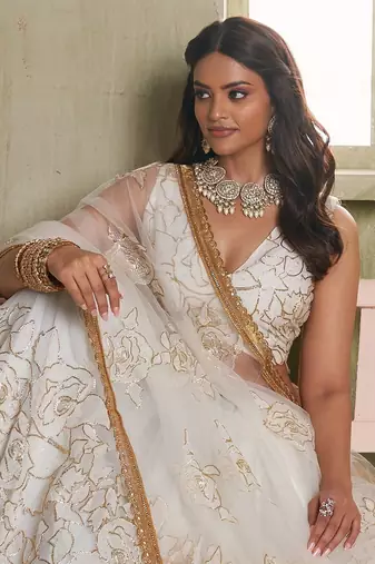 Off white net lahenga choli with sequins and thread embroidered  Lehenga Choli