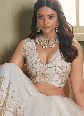 Off white net lahenga choli with sequins and thread embroidered  Lehenga Choli 3