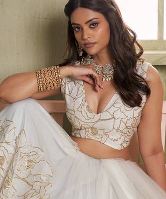 Off white net lahenga choli with sequins and thread embroidered  Lehenga Choli 4