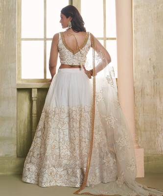 Off white net lahenga choli with sequins and thread embroidered  Lehenga Choli 5
