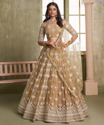 Beige net lahenga choli with sequins and thread embroidered  Lehenga Choli 1