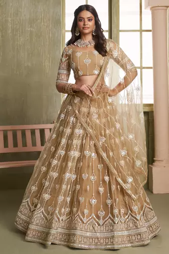 Beige net lahenga choli with sequins and thread embroidered  Lehenga Choli