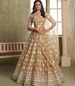 Beige net lahenga choli with sequins and thread embroidered  Lehenga Choli
