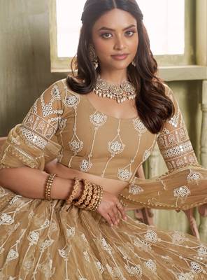 Beige net lahenga choli with sequins and thread embroidered  Lehenga Choli 3