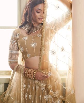 Beige net lahenga choli with sequins and thread embroidered  Lehenga Choli 4