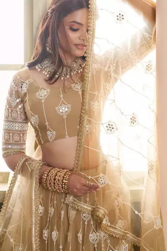 Beige net lahenga choli with sequins and thread embroidered  Lehenga Choli