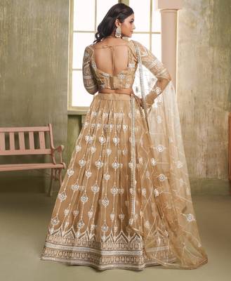Beige net lahenga choli with sequins and thread embroidered  Lehenga Choli 5