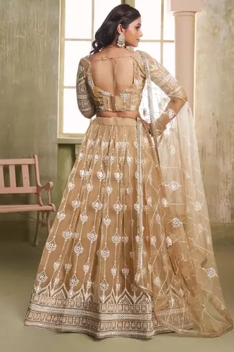 Beige net lahenga choli with sequins and thread embroidered  Lehenga Choli