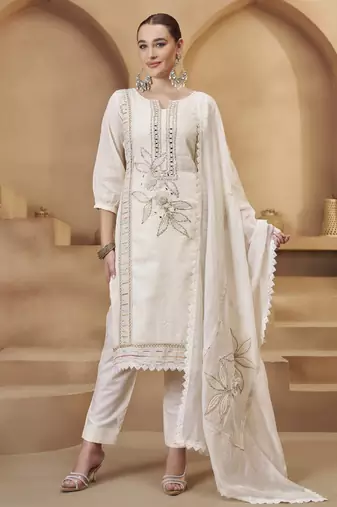 Women's Impressive Off White Thread Work Cotton Straight Suit With Dupatta