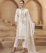 Women's Impressive Off White Thread Work Cotton Straight Suit With Dupatta