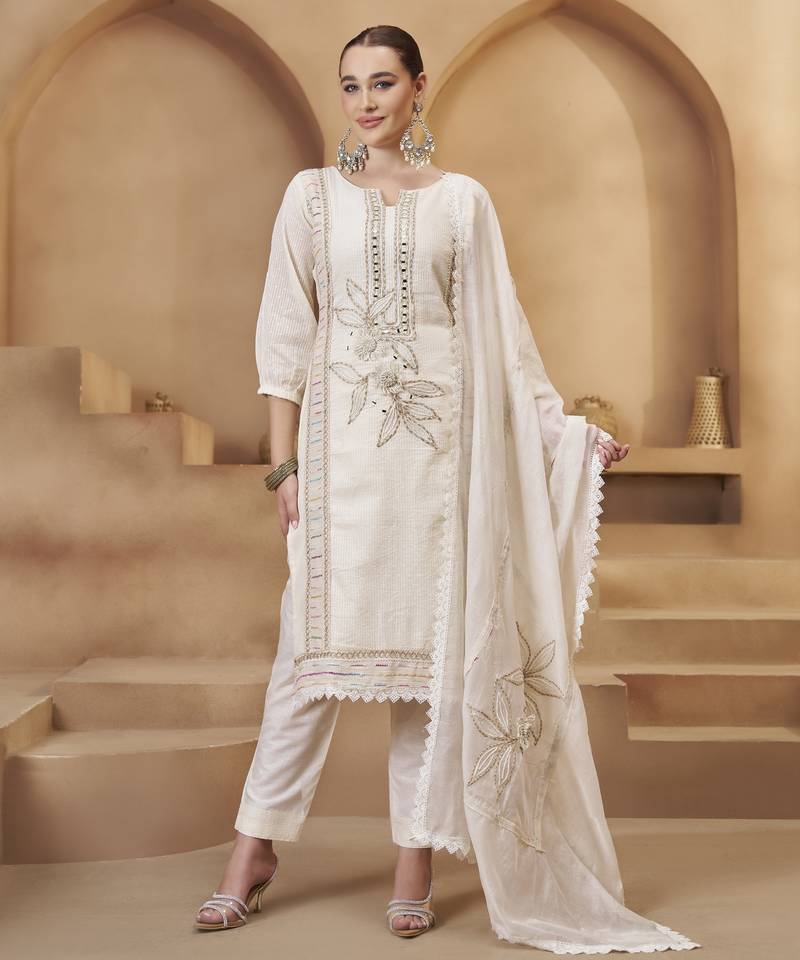Women's Impressive Off White Thread Work Cotton Straight Suit With Dupatta