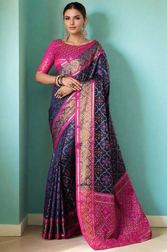 Blue patola silk blend saree with zari woven work and fancy tassel pallu