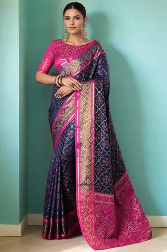 Blue patola silk blend saree with zari woven work and fancy tassel pallu