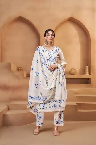 Women's Mesmerizing Off White Cotton Embroidered Festival Wear Pant Suit