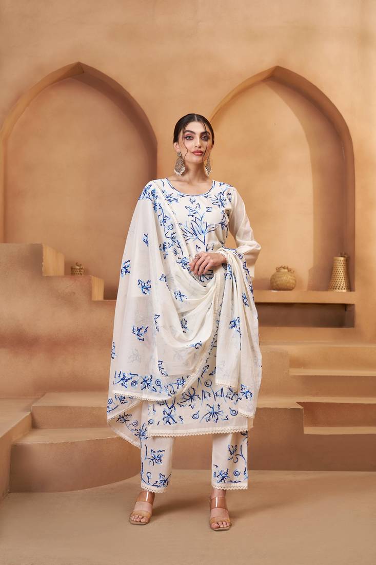 Women's Mesmerizing Off White Cotton Embroidered Festival Wear Pant Suit