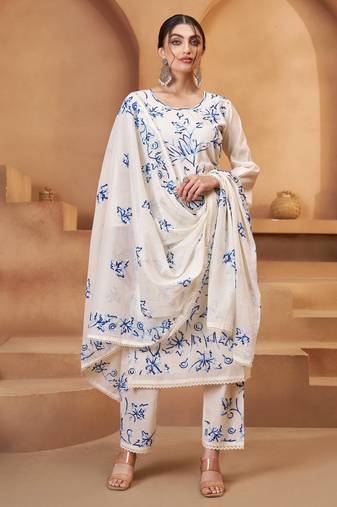 Women's Mesmerizing Off White Cotton Embroidered Festival Wear Pant Suit