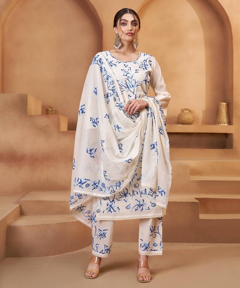 Women's Mesmerizing Off White Cotton Embroidered Festival Wear Pant Suit