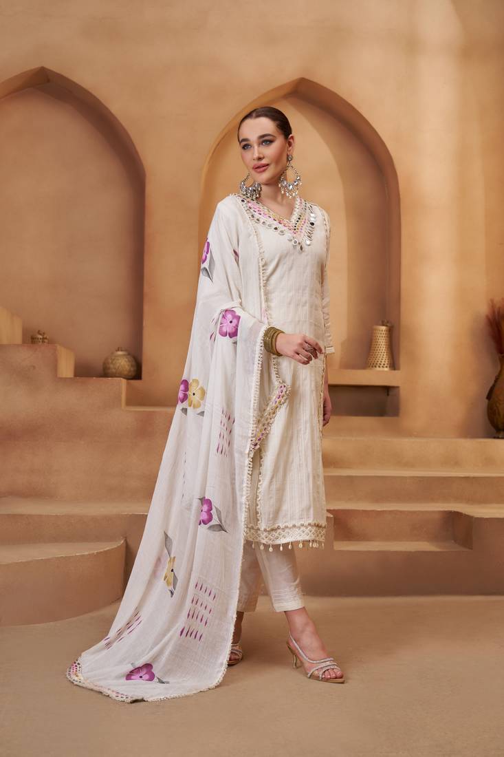 Women's Precious Off White Mirror Work Cotton Straight Suit With Dupatta