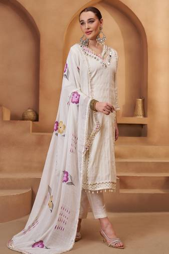 Women's Precious Off White Mirror Work Cotton Straight Suit With Dupatta