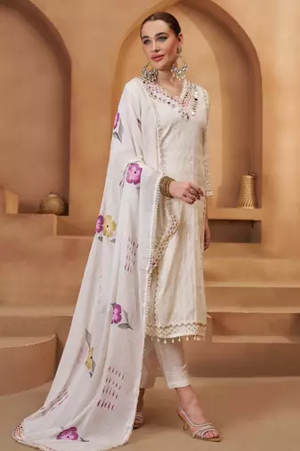 Women's Precious Off White Mirror Work Cotton Straight Suit With Dupatta
