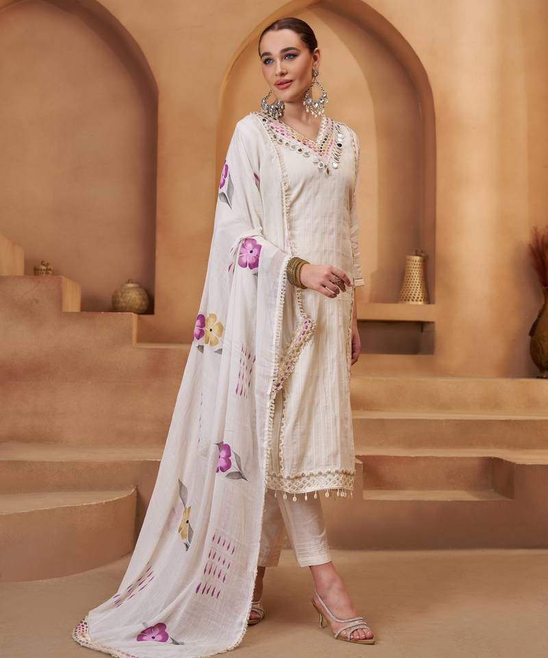 Women's Precious Off White Mirror Work Cotton Straight Suit With Dupatta