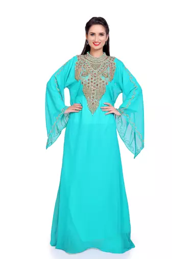 Ferozi Stitched Kaftan with Heavy Golden Handwork Embroidery – Elegant Party Wear