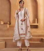 Women's Lavishing Off White Floral Embroidered Cotton Pant Suit With Dupatta
