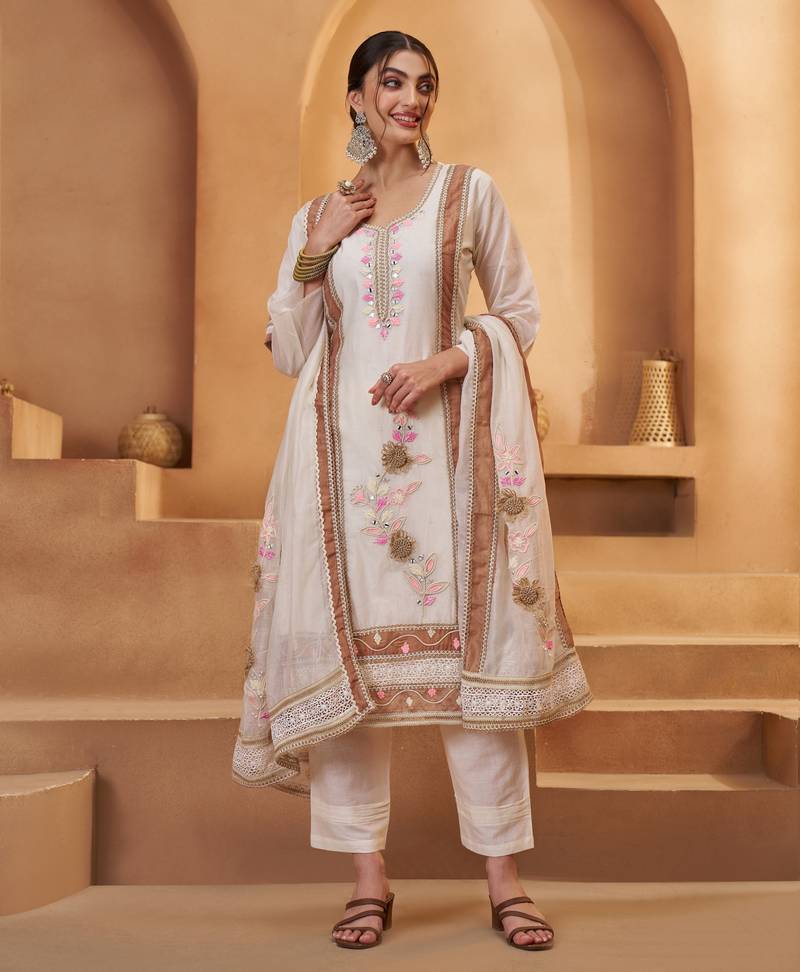 Women's Lavishing Off White Floral Embroidered Cotton Pant Suit With Dupatta