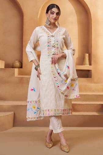 Women's Pretty Off White Cotton Multi-Thread Work Casual Wear Pant Suit