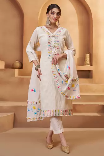 Women's Pretty Off White Cotton Multi-Thread Work Casual Wear Pant Suit