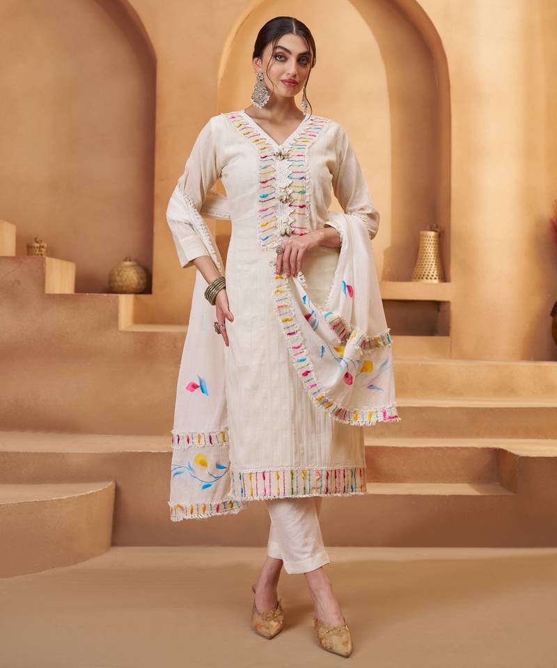 Women's Pretty Off White Cotton Multi-Thread Work Casual Wear Pant Suit