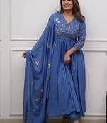 Blue elegant embroidered kurta set with floral dupatta