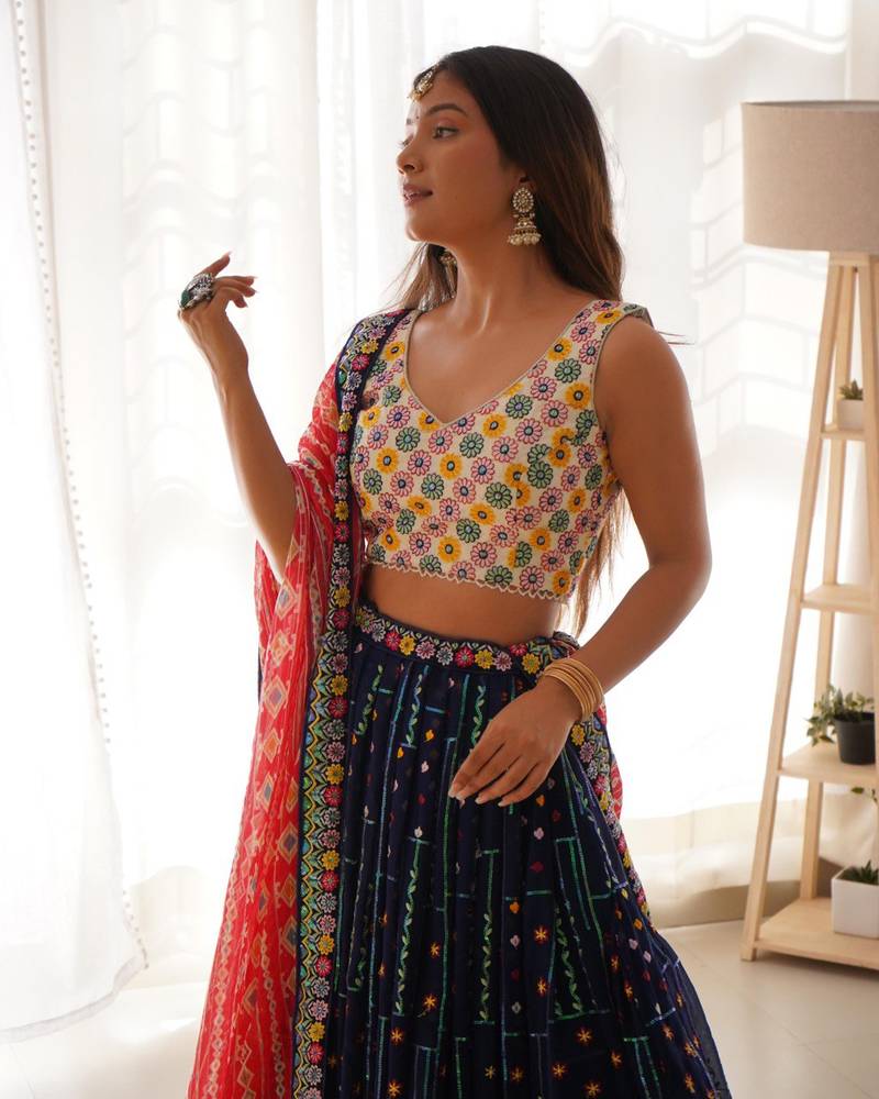 Navy Blue Thread sequin Embroidered Lehenga Choli