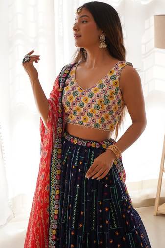 Navy Blue Thread sequin Embroidered Lehenga Choli