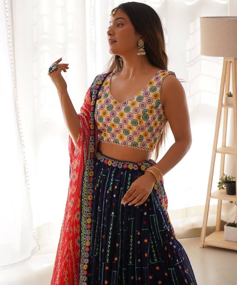 Navy Blue Thread sequin Embroidered Lehenga Choli