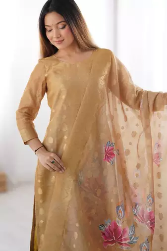Chiku Color Printed And Jacquard Work Chanderi Silk Kurti Pant Set