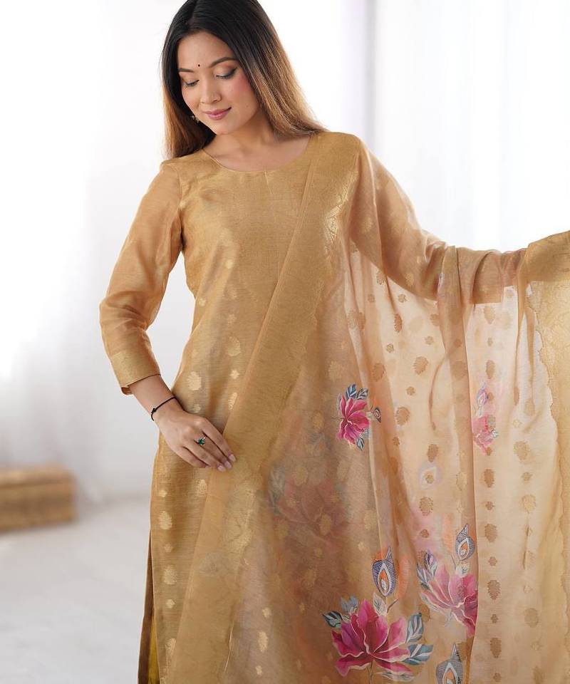 Chiku Color Printed And Jacquard Work Chanderi Silk Kurti Pant Set