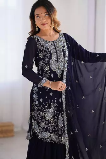 Navy Blue Color Faux Georgette Embroidered Kurti Sharara