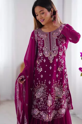 Rani Pink Color Faux Georgette Embroidered Kurti Sharara Pair