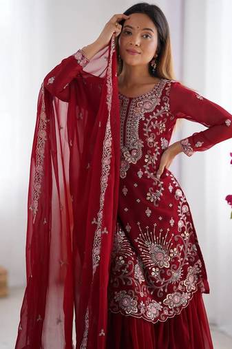 Red Color Faux Georgette Embroidered Kurti Sharara Pair