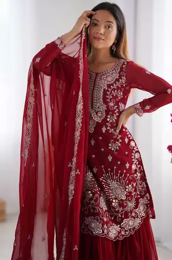 Red Color Faux Georgette Embroidered Kurti Sharara Pair