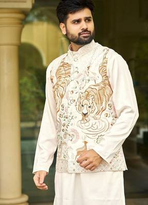 Off white cream malai satin kurta with embroidery work nehru jacket 3