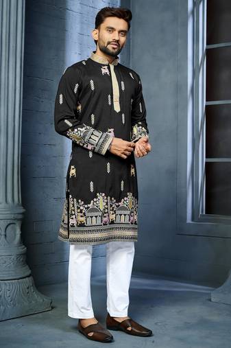 Black multi thread embroidery deer pattern daaman work kurta pajama set