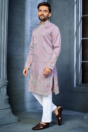 Lavender multi thread embroidery deer pattern daaman work kurta pajama set