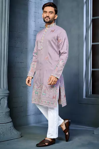 Lavender multi thread embroidery deer pattern daaman work kurta pajama set