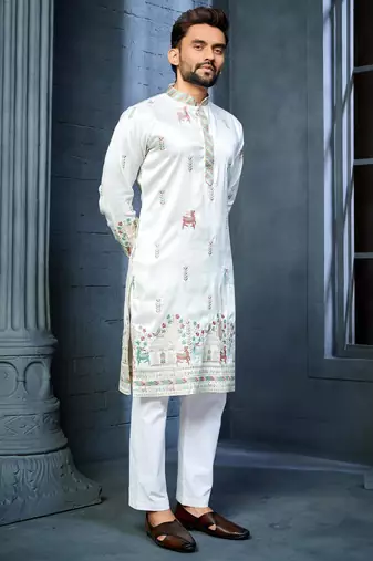 Off white multi thread embroidery deer pattern daaman work kurta pajama set
