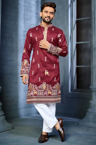 Maroon multi thread embroidery deer pattern daaman work kurta pajama set