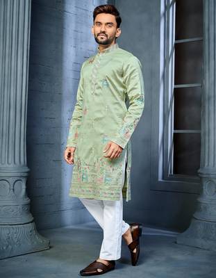 Mint green multi thread embroidery deer pattern daaman work kurta pajama set 1