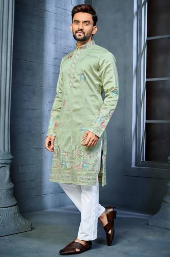 Mint green multi thread embroidery deer pattern daaman work kurta pajama set