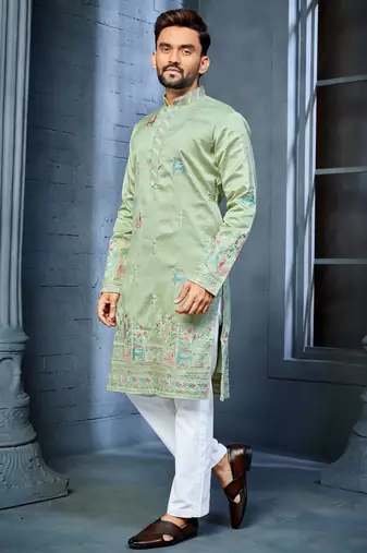 Mint green multi thread embroidery deer pattern daaman work kurta pajama set